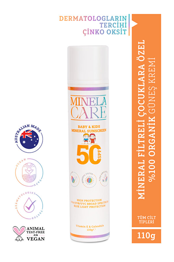 Minelacare Organik Mineral Filtreli Bebek ve Çocuk Güneş Kremi SPF 50 110 g %25 Non-Nano Çinko Oksit