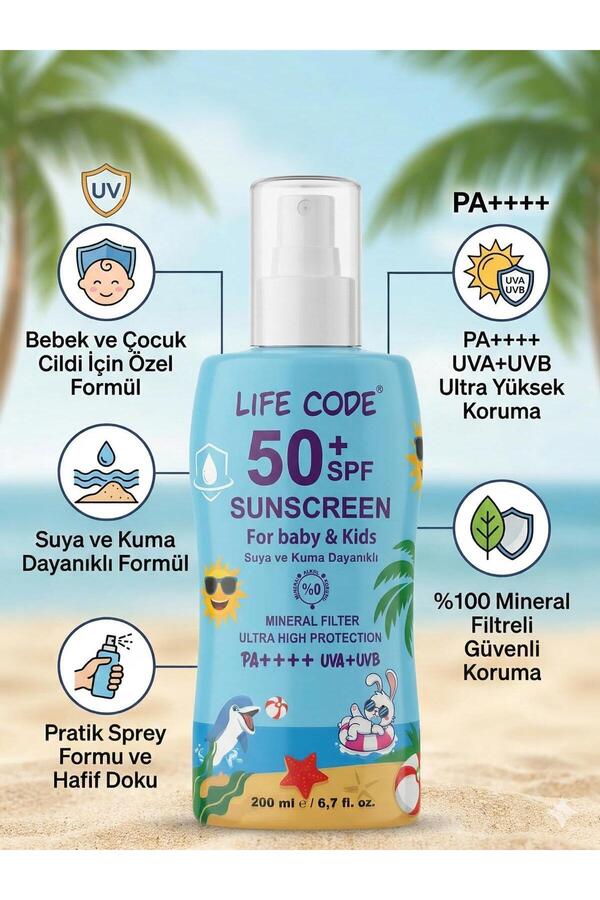 LİFE CODE Bebek Ve Çocuk Güneş Kremi Mineral Filtre Waterproof Marine Barrier Science 50 Spf Baby 200 ml