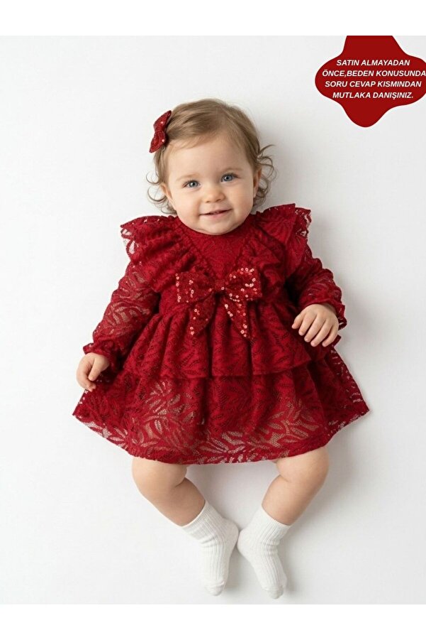 aysskids LOLA Kız Bebek Dantel Detaylı Uzun Kollu Özel Gün Bayramlık Abiye Elbise