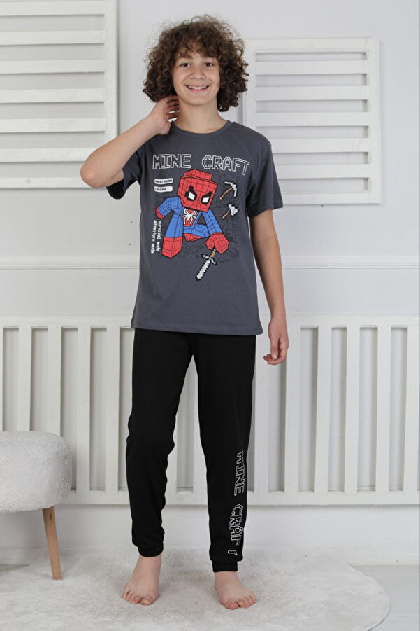 bunny hopp Erkek Çocuk Yazlık Kısa Kollu Baskılı Pijama Takımı %100 Pamuk 8-13 Yaş