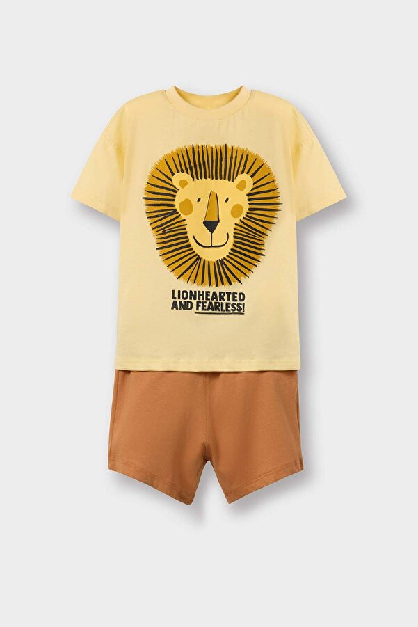 Defacto 2'li Takım Aslan Baskılı Kısa Kollu Tişört Beli Lastikli Şort Erkek Bebek E1183A525SM