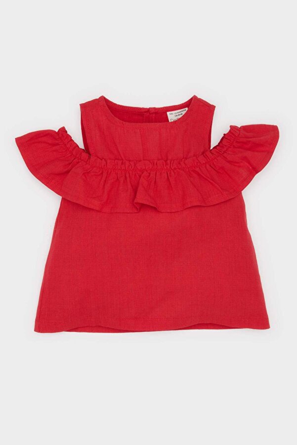 Defacto Bisiklet Yaka Flamlı Poplin Kısa Kollu Bluz Kız Bebek E2849A525SM