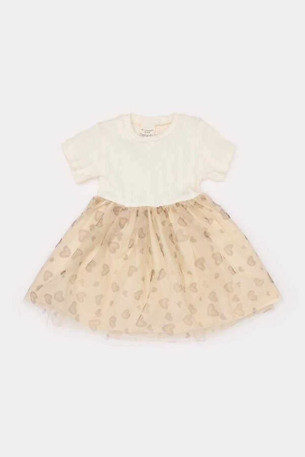 Defacto Kısa Kollu Fitilli Kaşkorse Kalp Desenli Tütü Etekli Elbise Kız Bebek E5488A525SM
