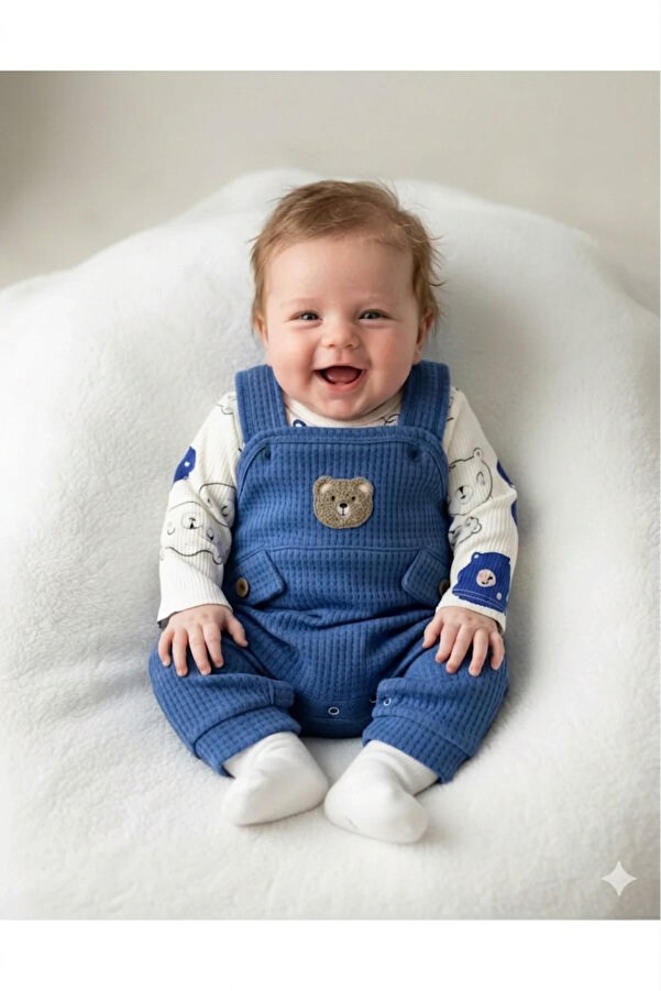 NAFİTO NAFİTTO Ayıcık Nakışlı Erkek Bebek 3’lü Tulum Seti – Zıbın, Tulum Ve Çorap . 1 Beden Büyük Alınız.