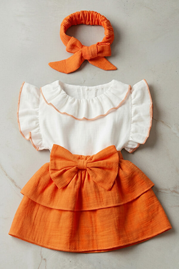 ipek atlas Kız Bebek Ve Çocuk Müslin Bandanalı Kısa Kollu Elbise