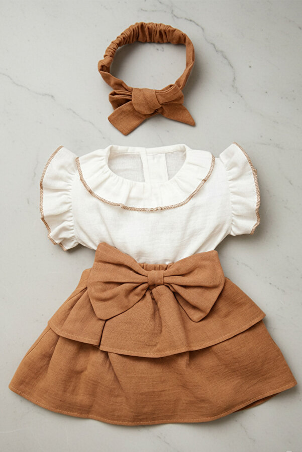 ipek atlas Kız Bebek Ve Çocuk Müslin Bandanalı Kısa Kollu Elbise