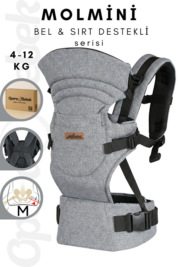 Molmini Plus Bel & Sırt Destekli 4-12 KG Ergonomik Kanguru Çok Yönlü Ayarlanabilir GRİ