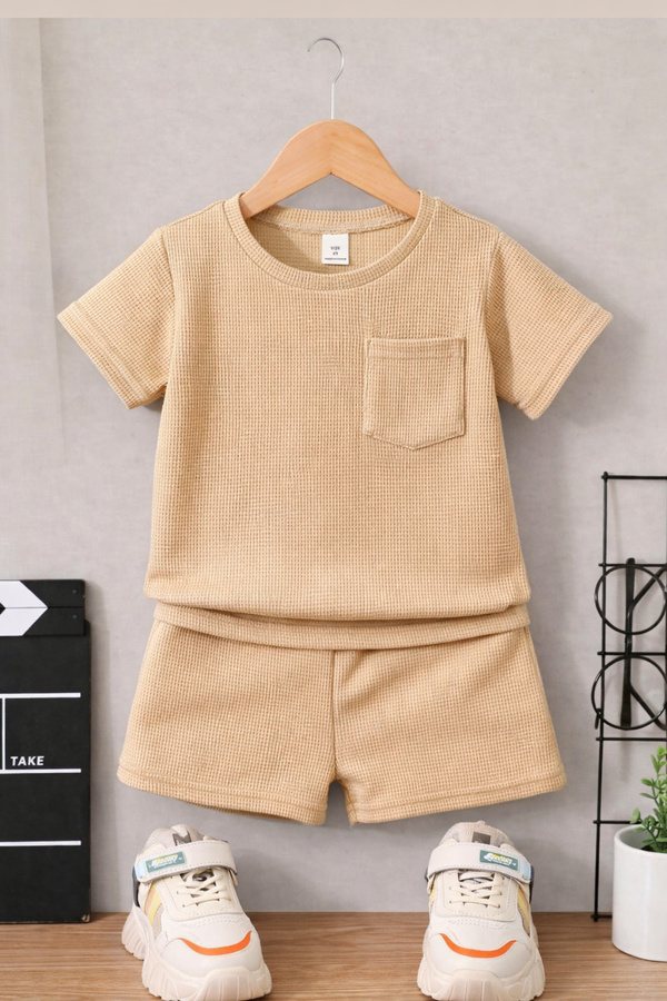 Bubito Waffle Görselli Cep Detaylı Pamuklu Yazlık Bebek Çocuk Şort Takım-Bej  Unisex