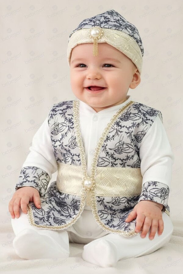 bebegen Sarı Laci Tuğra Desenli Altın Kemerli Erkek Bebek Mevlüt Takımı