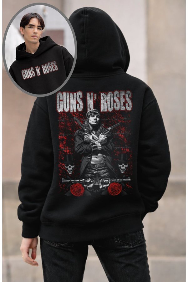 Fuddy Moda Unisex Guns N Roses Sırt Printed Hooded Sweatshirt, Oversized Rock Band Themed Hoodie
