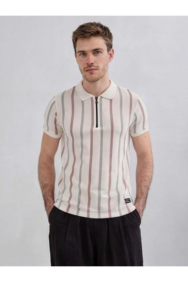 STATUS QUO Striped Regular Fit Off-White Polo Collared T-shirt