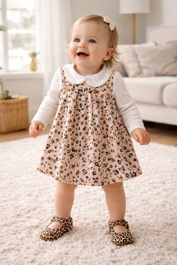 Uğur bebe Yumuşacık Leopar Desenli Jile Elbise & Bebe Yaka Fitilli Body Kombin %95 Pamuk Bayramlık Kız Çocuk