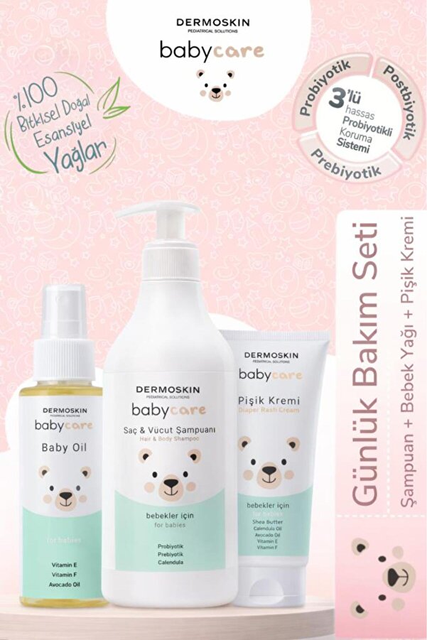 Dermoskin Babycare Günlük Bebek Bakım Seti | Saç ve Vücut Şampuanı + Bebek Yağı + Pişik Kremi | 3'lü Set