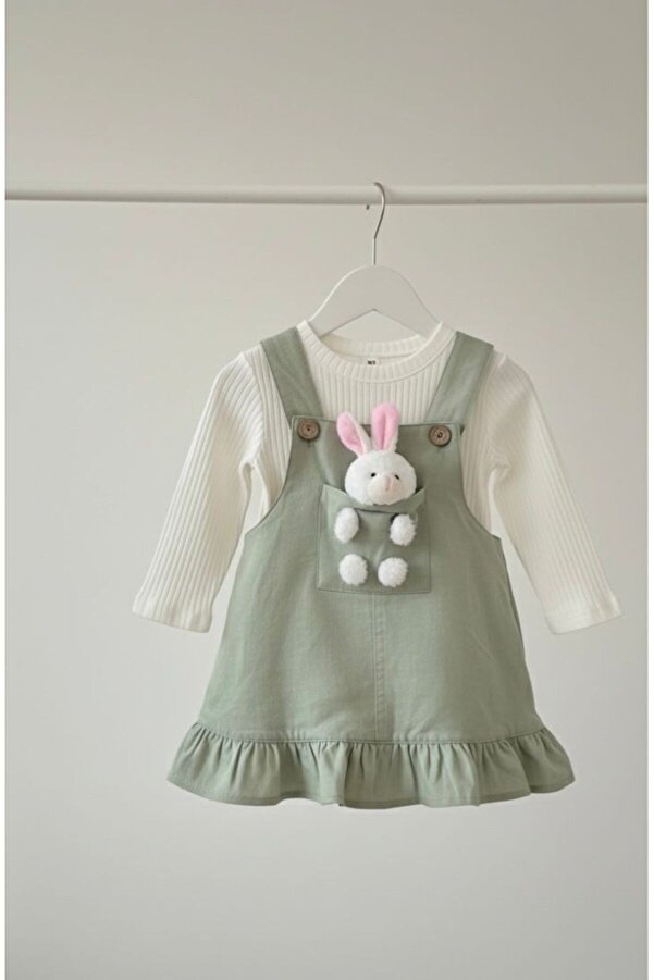 Egelite Kız Bebek Tavşancık Aksesuarlı, Keten Salopet Elbise ve Badili, 2 li, Şık Bayramlık Takım 9-12-18 ay