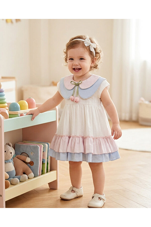 LisaLoom Kız Bebek Fırfırlı Lale Detaylı Elbise – Pastel Pembe Mavi Detaylı Pamuklu Şık Bebek Elbise Takım