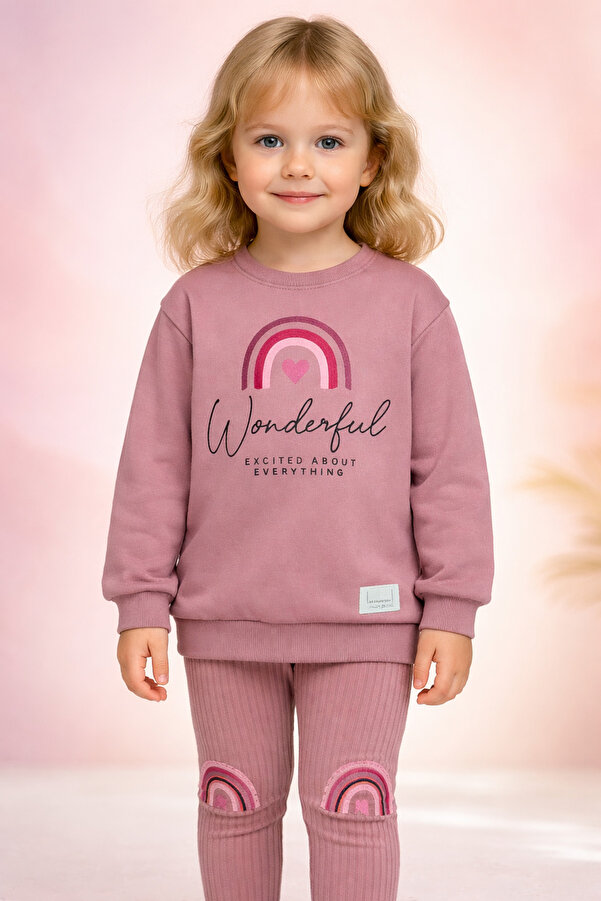 almira anne bebek Kız Çocuk Giyim Gökkuşağı Baskılı Uzun Kollu Takım Bebeğe Özel