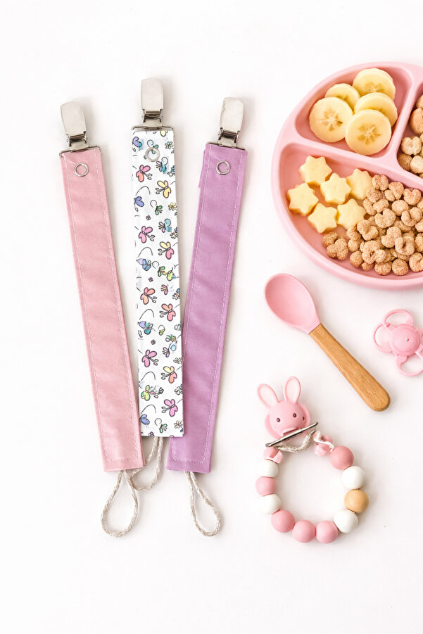 mugaSA Emzik Askısı, Emzik Tutacağı, Emzik Zinciri, %100 Pamuk 3'lü Set Çıtçıtlı