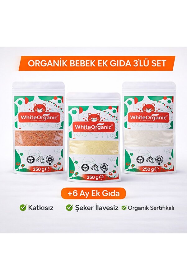White Organic Organik Bebek Tarhanası+Bebek İrmiği+Pirinç Unu Ek Gıda Seti +6 Ay