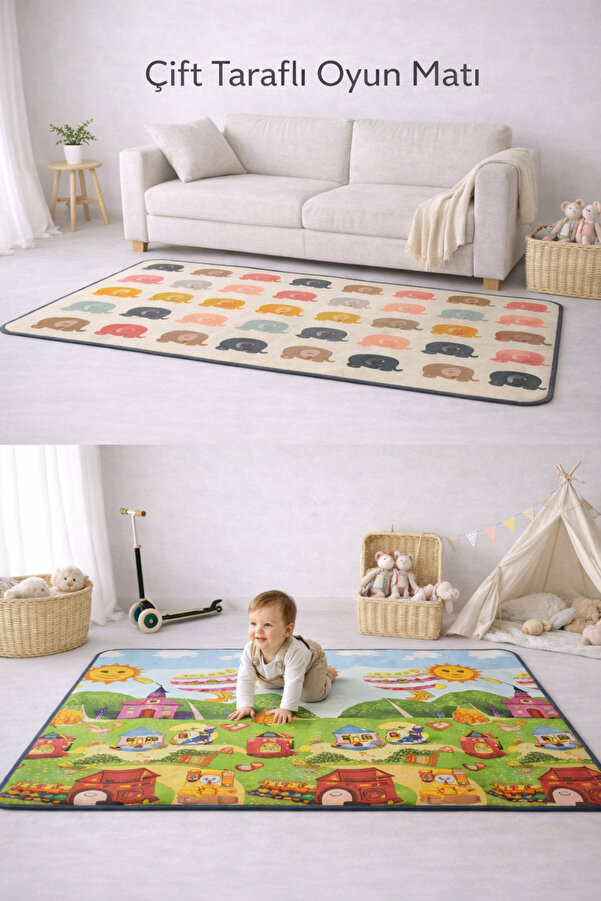 Coolmats Rulo Oyun Matı Çift Taraflı Baloncu Fil Ailesi - Macera Köyü 200x140x1.5 cm