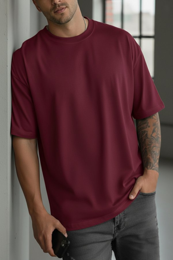 Teenage Millionaire Men's Burgundy Basic Plain Unprinted Oversize Salas T-Shirt