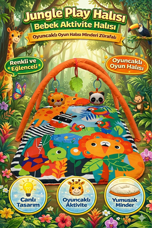 BebeMango Jungle Play Halısı Bebek Aktivite Halısı Oyuncaklı Oyun Halısı Minderi Zürafalı