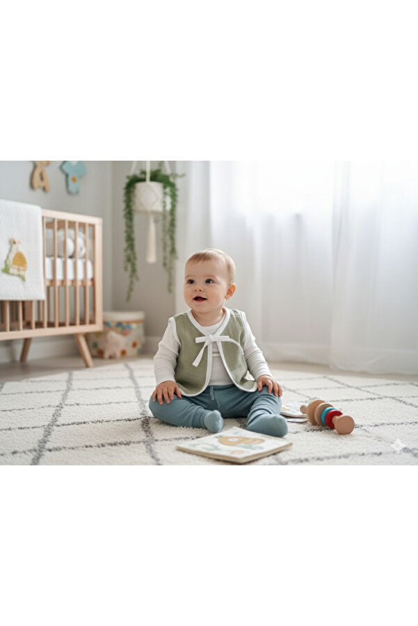 PURE BABY NATURA Organik Müslin Bebek Yeleği, erkek bebek haki yelek, 0-2 yaş