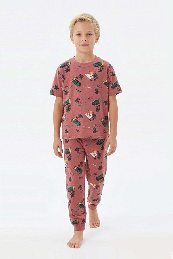 bunny hopp Erkek Çocuk %100 Pamuk Yazlık Sörf ve Karavan Desenli Pijama Takımı - Kısa Kollu Manşetli Kiremit