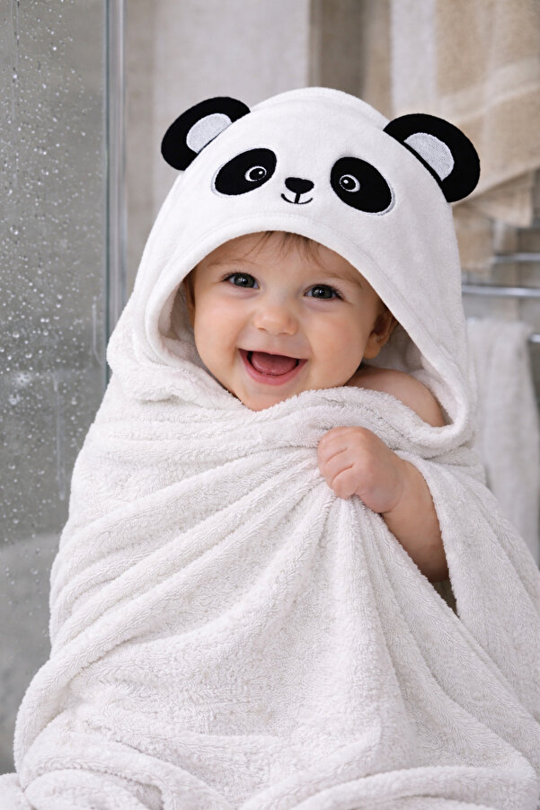 Tomuycuk Sevimli Başlıklı Bebek Banyo Havlusu & %100 Pamuklu - Panda Nakışlı & Havlu - Yumuşak & Su Emici