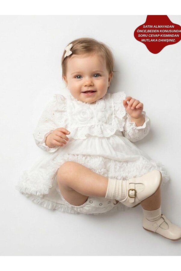 aysskids ASTER Beyaz Uzun Kollu Dantel Detaylı Etekli Kız Çocuk Bebek Özel Gün Bayramlık Elbise