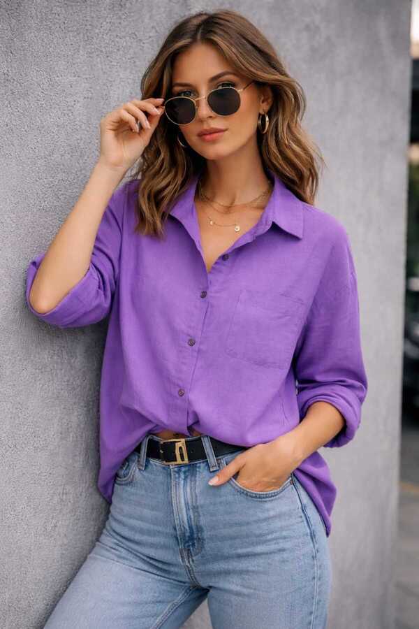 blackbonds Women's Oversized Purple Linen Shirt – Summer Collection