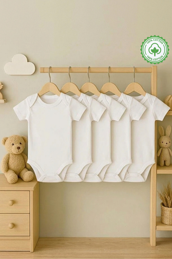 bebeqon Beyaz Kısa Kol Bebek Zıbın 5’li Paket Bisiklet Yaka Unisex Body Seti %100 Pamuk