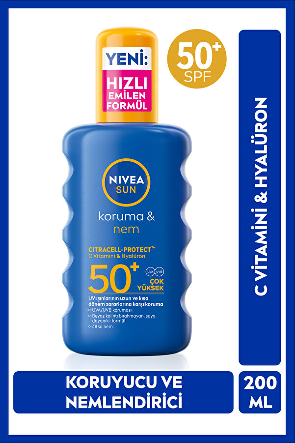 NIVEA SUN SPF 50+ Yüksek Güneş Koruyucu ve Nemlendirici Vücut Spreyi 200ml,Suya Dayanıklı,C Vitamini