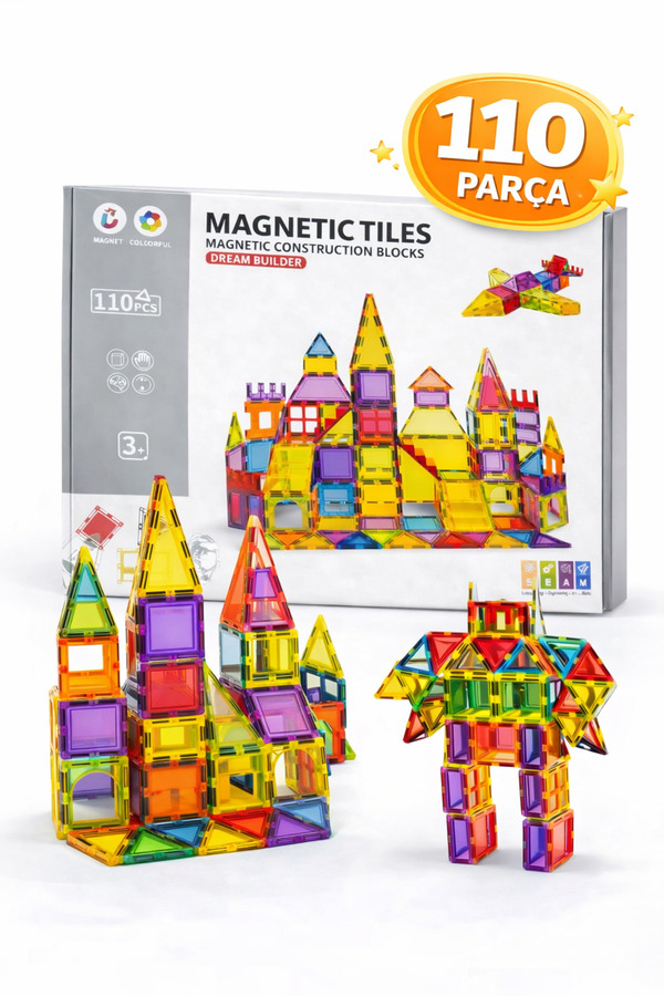ZİVENTA Magnetic Tiles 110 Parça Manyetik Yapı Blokları Eğitici Stem Oyuncak Seti | Çocuklar İçin