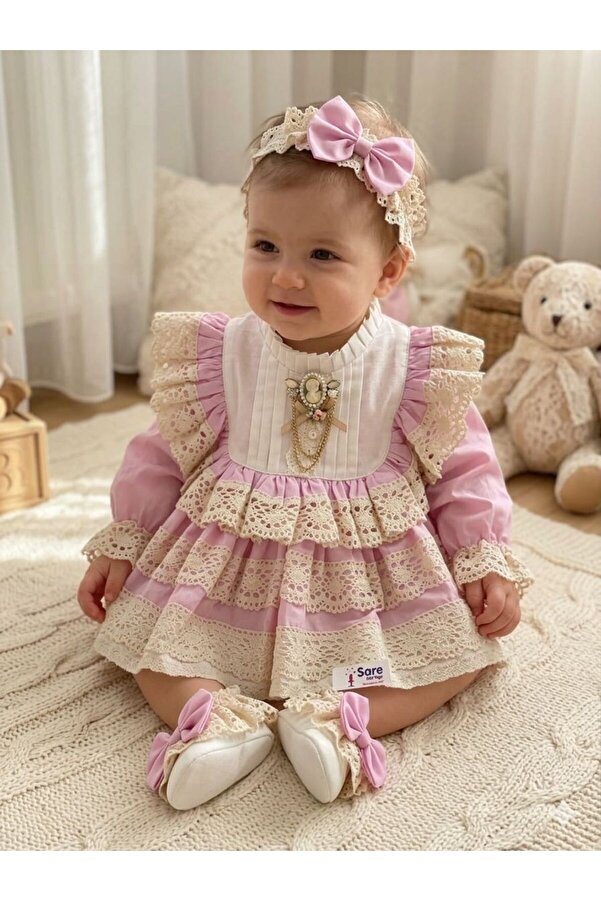 Sare Çocuk Giyim Kız Bebek Elbise Mevlüt Seti Pembe 5 Parça Ayakkabı Toka ve Önlük Takımı (%100 Pamuk)