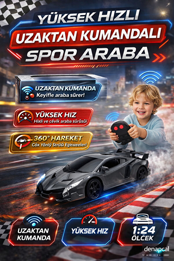 DENAPCAL Uzaktan Kumandalı Spor Araba 1:24 Ölçek İleri Geri Pilli Oyuncak Araba