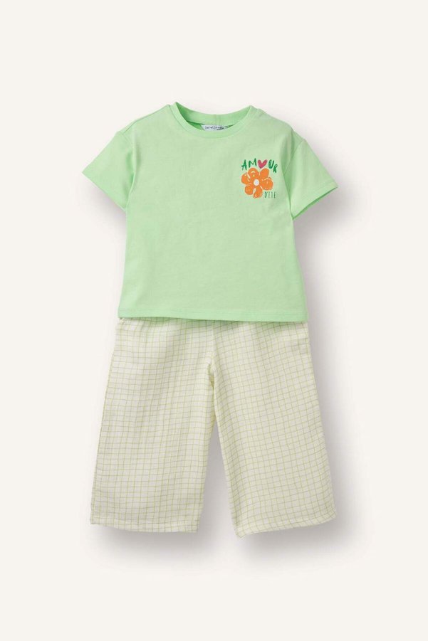 Defacto Floral T-Shirt Checkered Trousers 2-Piece Set Baby Girl H2663A526Sp