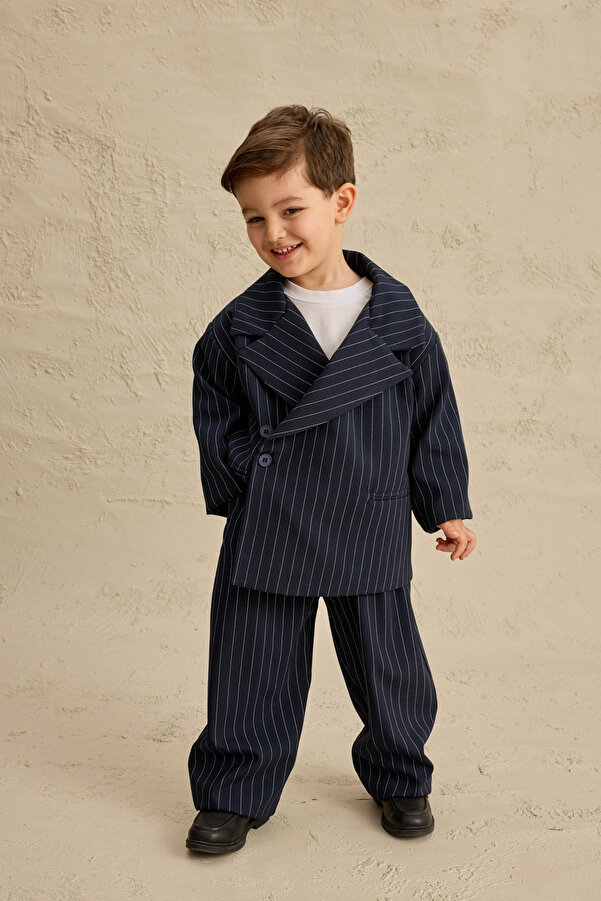 Fahhar Kids Geniş Yaka Çizgili Blazer Ceket Lacivert