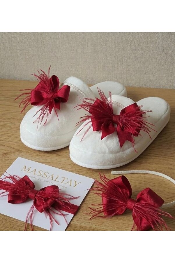 Massaltay Anne Bebek Lohusa Terlik Taç Bandana Seti Tüylü Fiyonklu Doğum Hastane Seti Şık Rahat