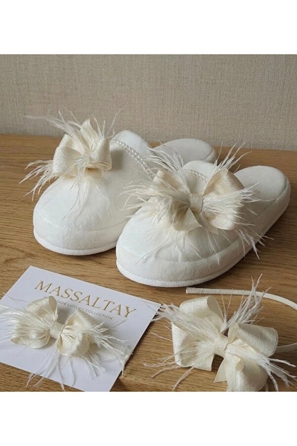 Massaltay Anne Bebek Lohusa Terlik Taç Bandana Seti Tüylü Fiyonklu Doğum Hastane Seti Şık Rahat