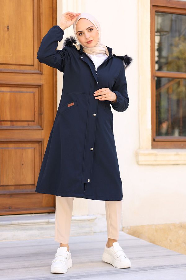 benguen 4039 Hoodie Inside Furry Bondi t Coat Navy Blue Trendyol