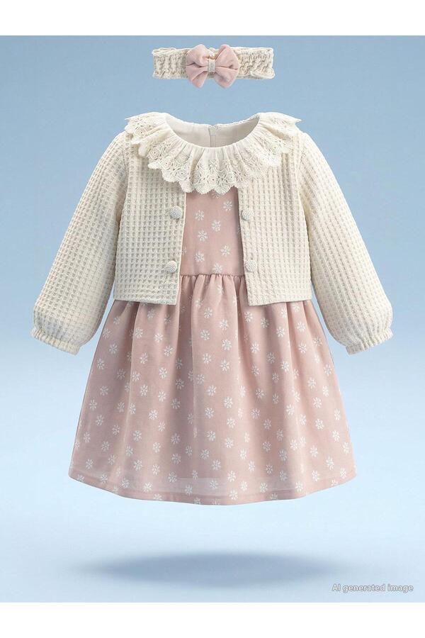 Kumru Lüks Süs Bolerolu Bandanalı 6-18 Ay Elbise - Bej 18-24 Ay