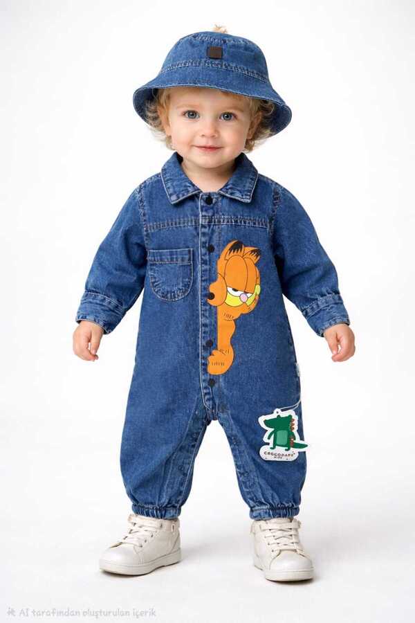 CROCODAYS Unisex Çocuk Bebek Kot (JEANS) Baskılı Şapkalı Tulum (3/6/9/12/18) Ay