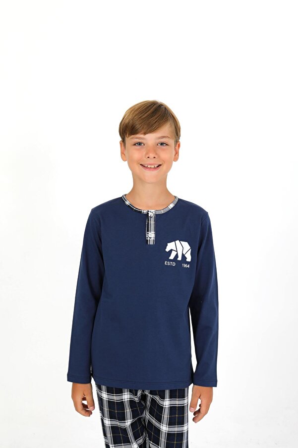 vitmo Erkek Çocuk Uzun Kollu %100 Pamuklu Düğme Detaylı Pijama Takımı Everest