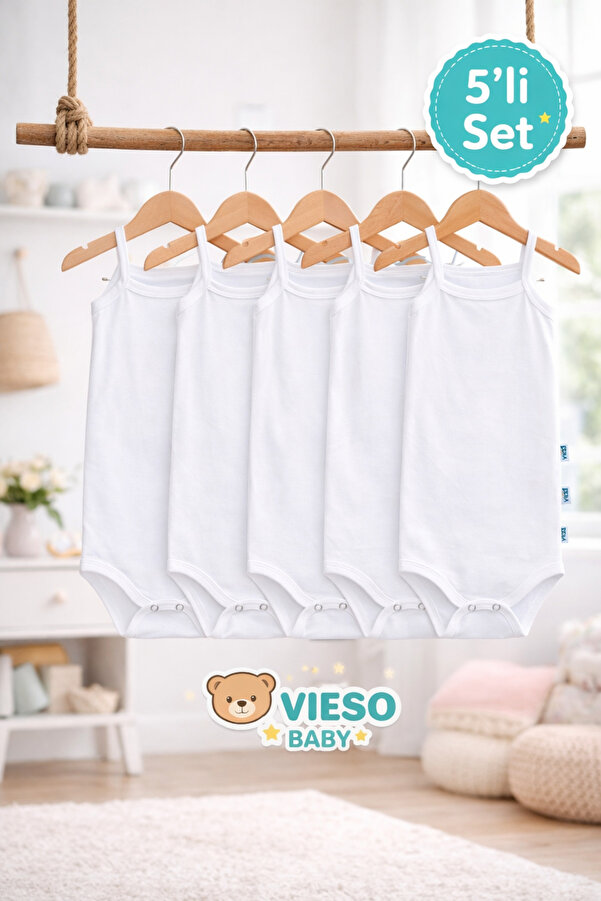vieso 5li İp Askılı Pamuklu Beyaz Çıtçıtlı İp Askılı Bebek Atlet Body Zıbın