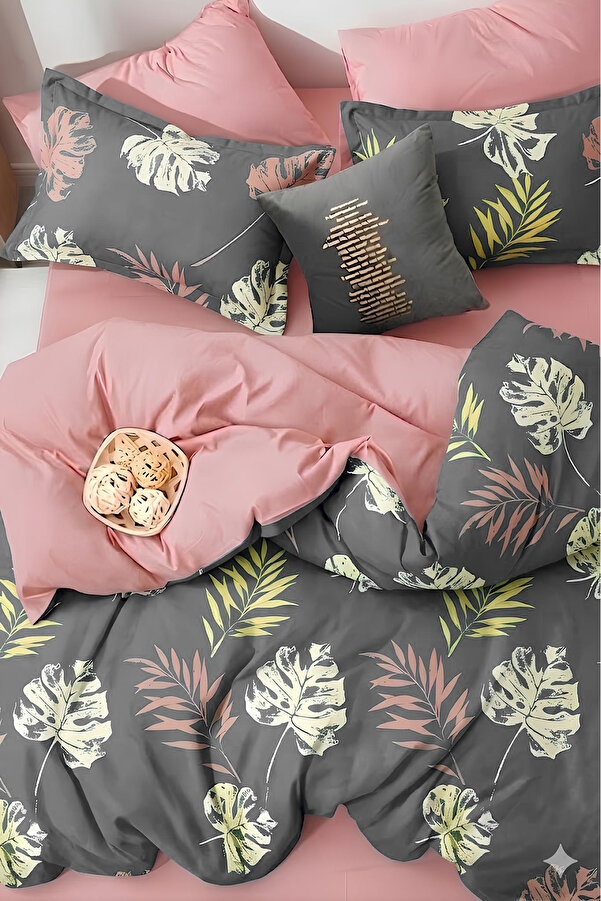 İQON Lastikli Çarşaflı Nevresim Takımı Çift Kişilik Leaf Gri 200x220 cm