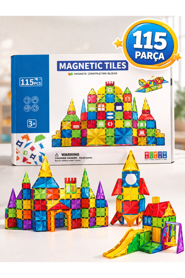 ZİVENTA Magnetic Tiles 115 Parça Manyetik Yapı Blokları Eğitici STEM Oyuncak İnşa Oyuncağı Zeka Geliştirici