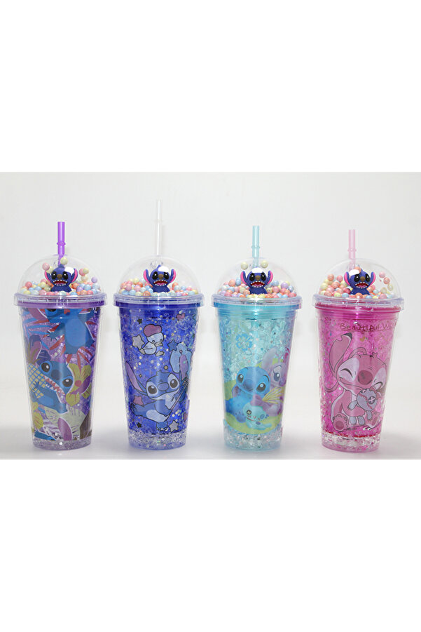LALİZ SHOP Sevimli Stitch Işıklı Pipetli Pullu Suluk Bardak 400 ml