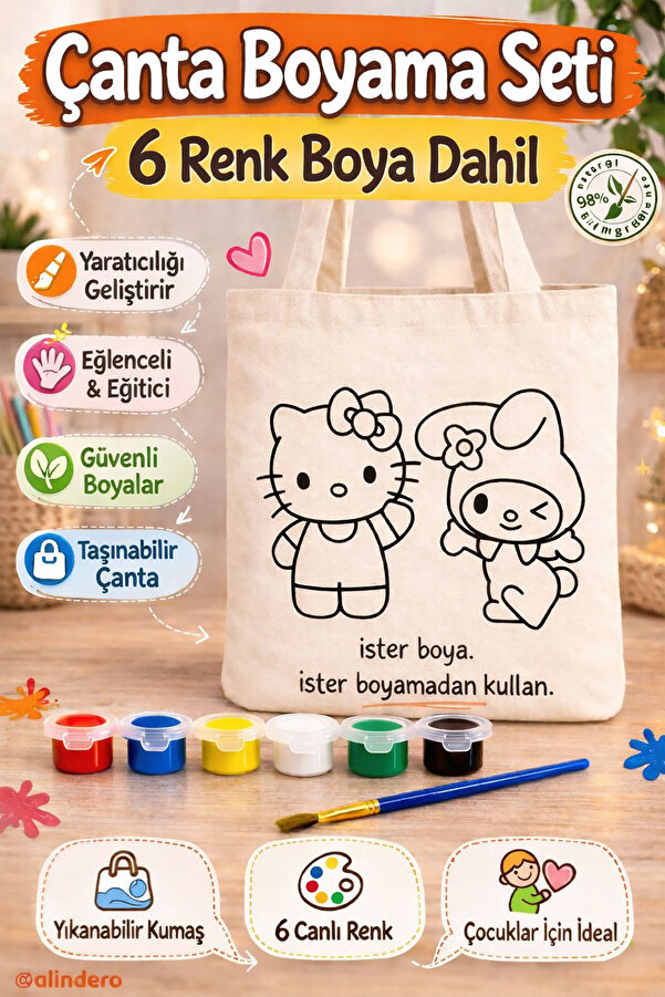 Alindero HAZIR GÖRSEL Bez çanta çocuk boyama çantası HELLO KİTTY MELODY tote bag Doğum günü hediyesi
