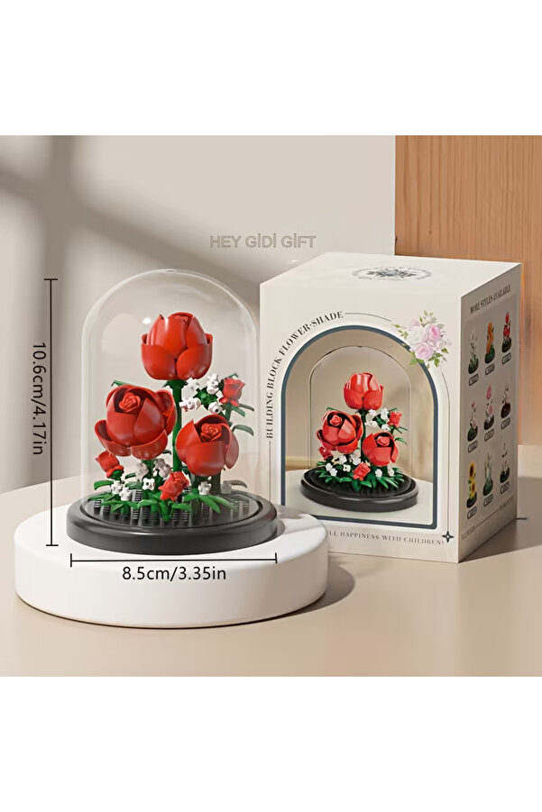 HEY GİDİ GİFT Fanuslu Çiçek Serisi – Sonsuz Kırmızı Gül (118 Parça) – Mini Blok Yapı Oyuncakları Seti