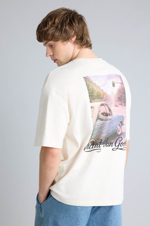 Defacto 100% Cotton Van Gogh Boxy Fit Slogan Patterned Short Sleeve T-Shirt H2473Ax26Sp